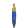 12.6' yellow and blue Hobie Apex race board standing up right
