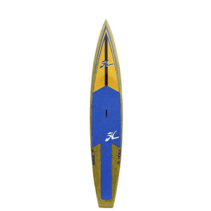12.6' yellow and blue Hobie Apex race board standing up right