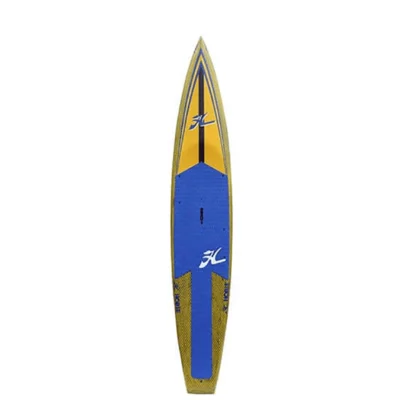 12.6' yellow and blue Hobie Apex race board standing up right