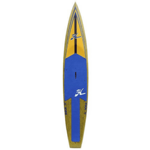 14' yellow and blue Hobie Apex race board standing up right