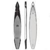 SIC Maui X14 race paddleboard in black with white trim and grey pad top, side, and bottom image.
