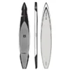SIC Maui X14 race paddleboard in black with white trim and grey pad top, side, and bottom image.