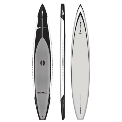SIC Maui X14 race paddleboard in black with white trim and grey pad top, side, and bottom image.