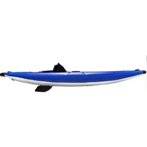 Aquaglide inflatable one man kayak in blue side view.