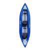 Aquaglide Klickitat II inflatable two person kayak in blue and grey from above. Designed for whitewater river kayaking.