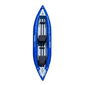 Aquaglide Klickitat II inflatable two person kayak in blue and grey from above. Designed for whitewater river kayaking.