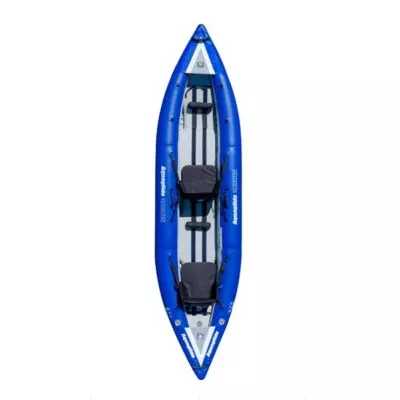 Aquaglide Klickitat II inflatable two person kayak in blue and grey from above. Designed for whitewater river kayaking.