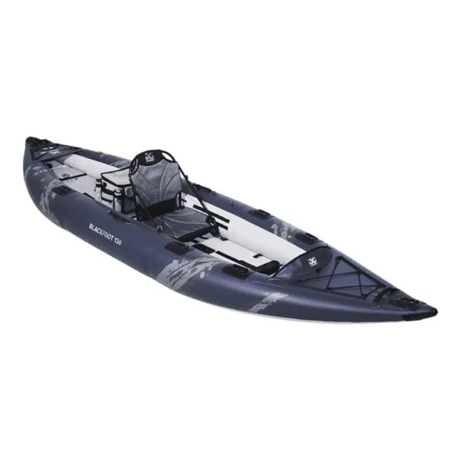 The Aguaglide Blackfoot Angler 130 inflatable kayak top, side angle view. Dark blue pontoons and light grey interior. Showing Aguaglides new AG Framed seat.