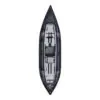 The Aguaglide Blackfoot Angler 130 inflatable kayak top view. Dark blue pontoons and light grey interior. Showing Aguaglides new AG Framed seat and fishing cooler.