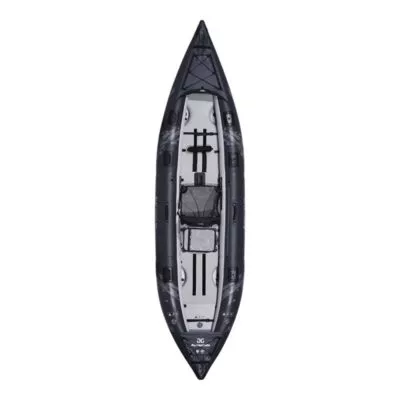 The Aguaglide Blackfoot Angler 130 inflatable kayak top view. Dark blue pontoons and light grey interior. Showing Aguaglides new AG Framed seat and fishing cooler.