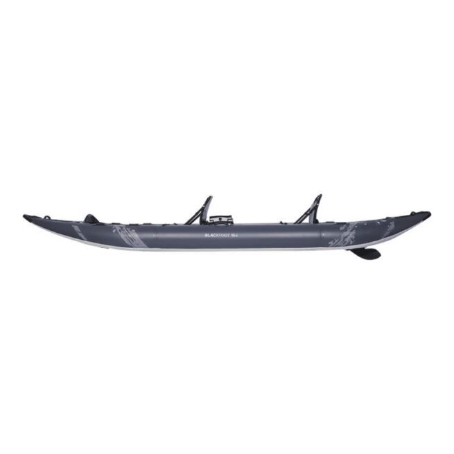 The Aguaglide Blackfoot Angler 160 tandem inflatable kayak side view. Showing the Weedless fin and dark blue and grey graphics on the pontoon.