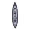 The Aguaglide Blackfoot Angler 160 tandem inflatable kayak top view. Dark blue pontoons and light grey interior. Showing Aguaglides new AG Framed seat and fishing cooler.