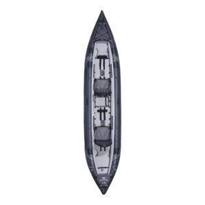 The Aguaglide Blackfoot Angler 160 tandem inflatable kayak top view. Dark blue pontoons and light grey interior. Showing Aguaglides new AG Framed seat and fishing cooler.