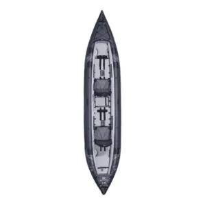 The Aguaglide Blackfoot Angler 160 tandem inflatable kayak top view. Dark blue pontoons and light grey interior. Showing Aguaglides new AG Framed seat and fishing cooler.