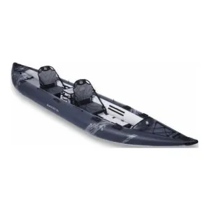 The Aguaglide Blackfoot Angler 160 tandem inflatable kayak top, side angle view. Dark blue pontoons and light grey interior. Showing Aguaglide's new AG Framed seat.