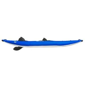 Aquaglide Klickitat inflatable two seat kayak in blue and grey from side
