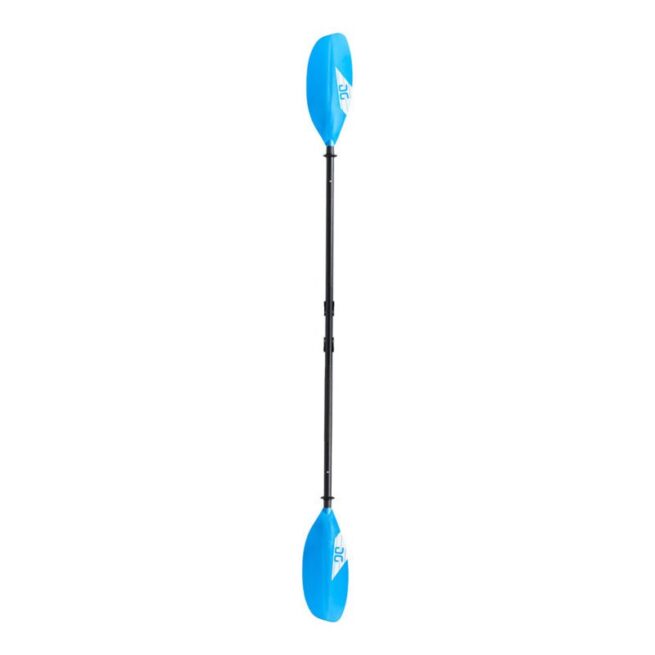 The Aquaglide Orion 4 PC Adjustable Kayak Paddle. Fiberglass/Carbon blend back shaft and blue glass reinforced paddle blades.