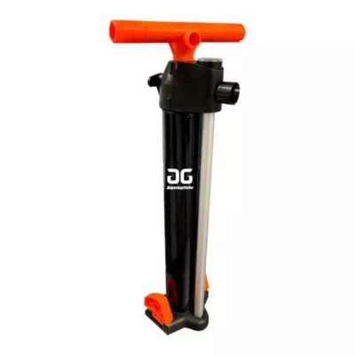 The Aquaglide SUP hand pump in black with orange .