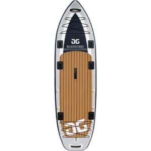 Aquaglide Blackfoot fishing paddleboard showng the deck with Scotty Mounts and bungee tie-downs.