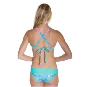 Back view of a woman wearing a Local Honey Jessica mint and rainbow colored bikini top