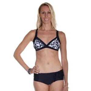 Front view of a woman wearing a Local Honey Kathryn black tribe pattern colored bikini top