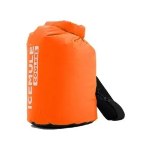 Ice Mule soft cooler side image orange with black strap.