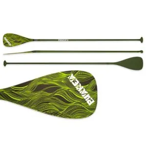 Puakea paddleboard paddle images with green flame pattern on carbon paddle.