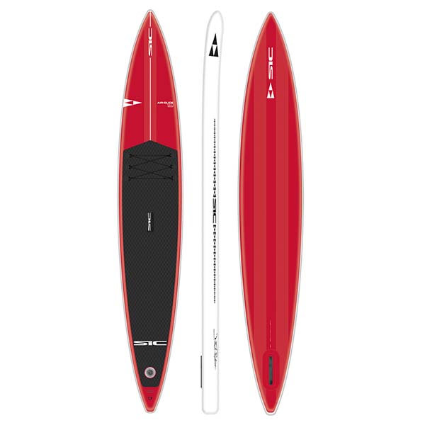 SIC Maui Bullet 14' inflatable in red with black pad front, side, and bottom view.