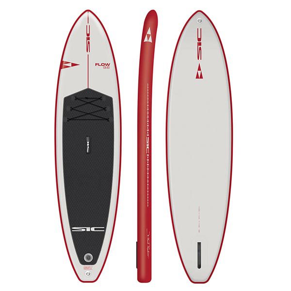 SIC Maui Flow inflatable sup in white with red trim and black pad.