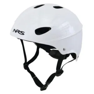 NRS Havoc water sports helmet in white with black chine straps.
