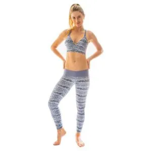 Sensi Gravies Laura yoga and paddleboard leggings in blue and white Bali Bound pattern front image