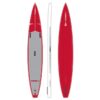 SIC Maui 12'6" inflatable performance race paddle board. Red with grey deck pad. Top, side, and bottom view.