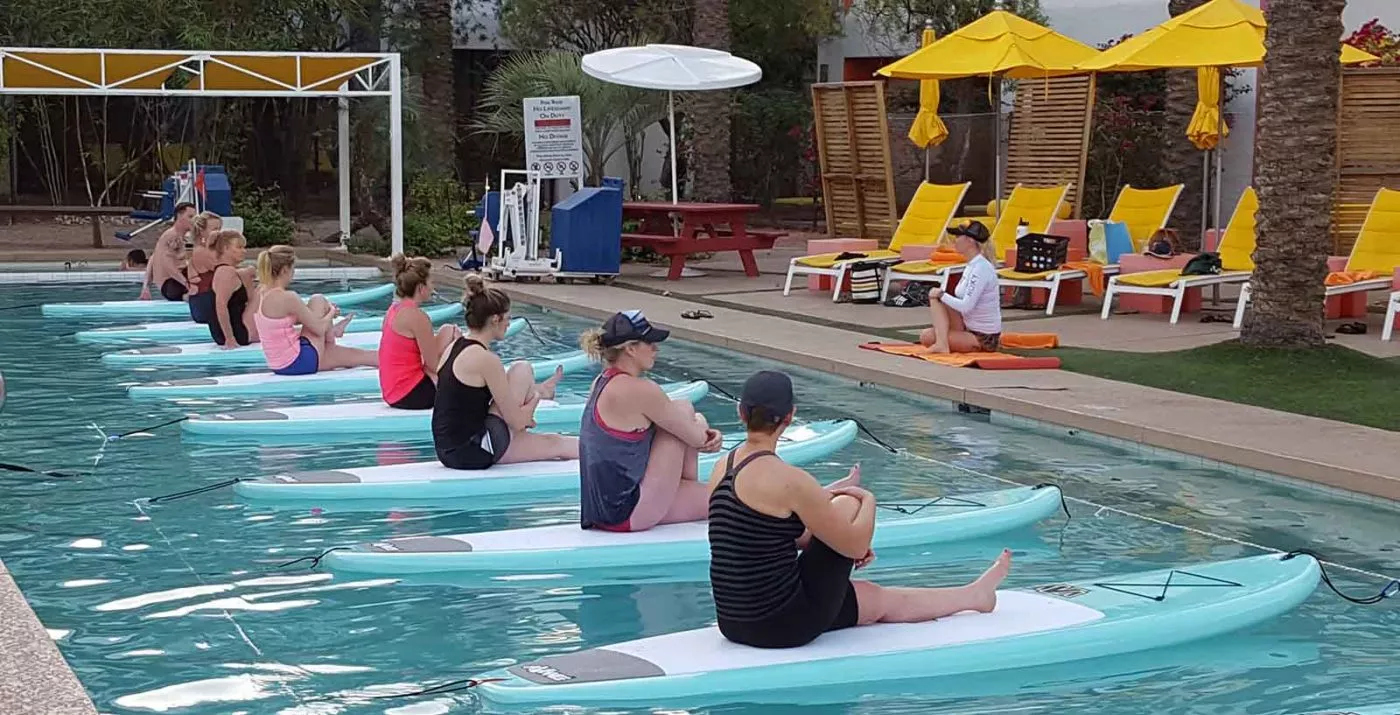 Saguaro Hotel in Old World Scottsdale Thursday sunset SUP Yoga with Riverbound Sports