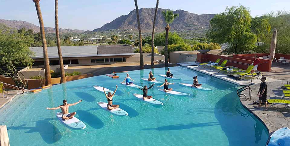SUP Yoga at Sanctuary pool in Paradise Valley