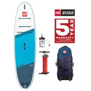 The Red Paddle Co Ride 10'6" inflatable paddle board, accessories,, and 5 year warranty logo. Available at Riverbound Sports SUP shop in Tempe, Arizona.
