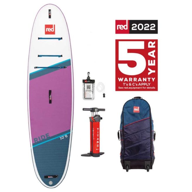 The Red Paddle Co Ride purple 10'6" inflatable paddle board, accessories, and 5 year warranty logo. Available at Riverbound Sports SUP shop in Tempe, Arizona.