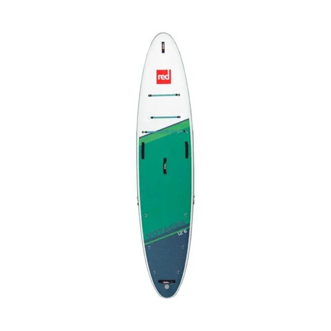 Red Paddle 12'6" Voyager touring SUP front view. White with green accents. Available at Riverbound Sports store in Tempe.