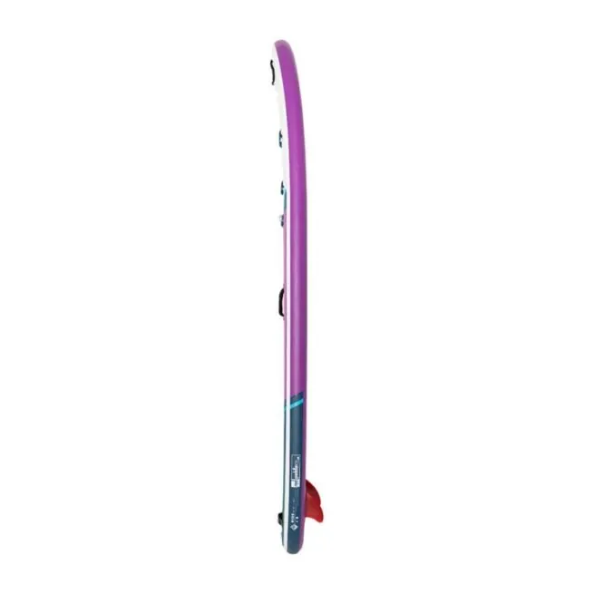Red Paddle Co inflatable purple 10'6" Ride side profile with red flex fins. Available at Riverbound Sports AUP shop in Tempe, Arizona.