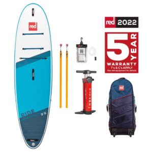 The Red Paddle Co Ride 9'8" inflatable paddle board, accessories,, and 5 year warranty logo. Available at Riverbound Sports SUP shop in Tempe, Arizona.