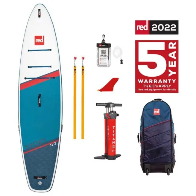 Red Paddle 11'3" Sport SUP package with 5 year warranty logo. Available at Riverbound Sports store in Tempe, Arizona.