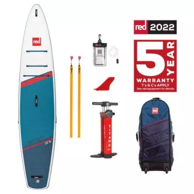 12'6 Red Sport Inflatable SUP and accessories. Available at riverbound sports in Tempe, Arizona.
