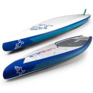 Starboard SUP Touring board deck and bottom view from front.