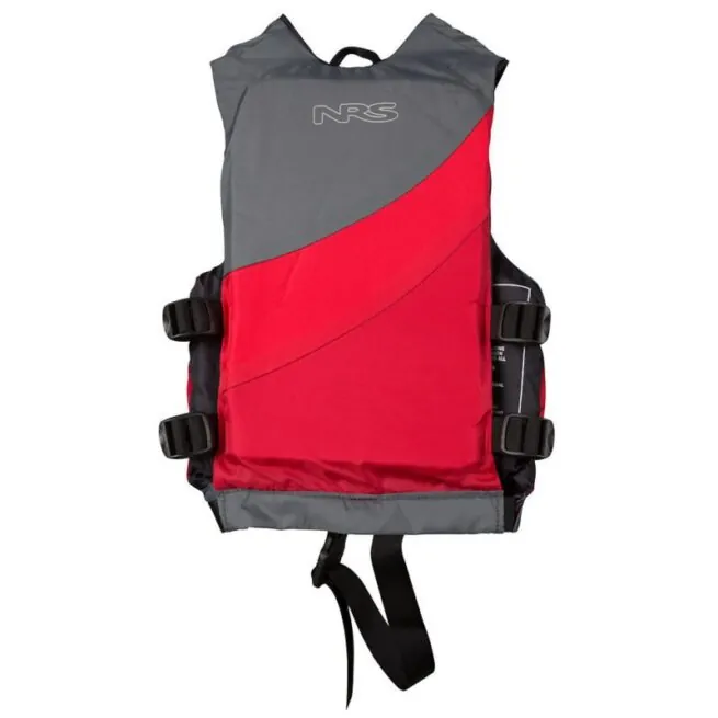 NRS Crew Child life jacket in red and gray back view.