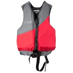 NRS Crew Child life jacket in red and gray front view.