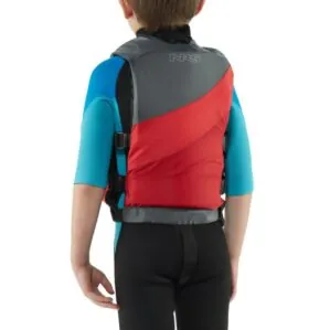 NRS Crew Child life jacket in red and gray back on child.