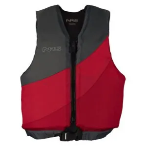 NRS Crew youth life jacket front in red. and gray