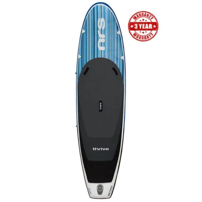 NRS Thrive 10'8" blue inflatable SUP deck. with 3 year warranty logo.
