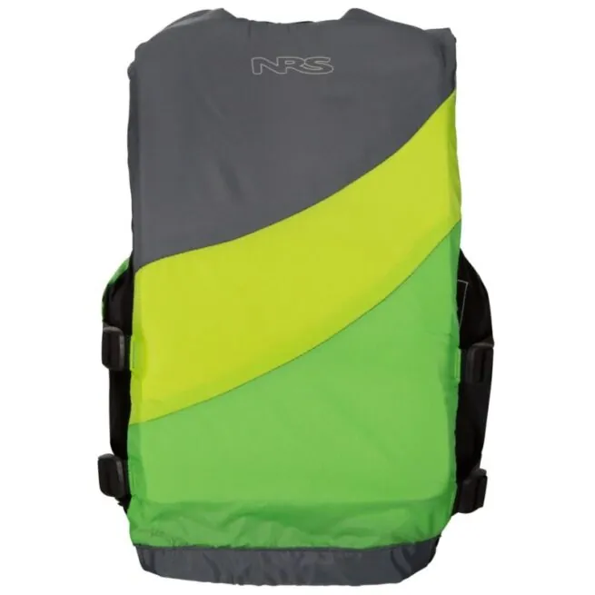 NRS Crew youth life jacket back in green and grey.
