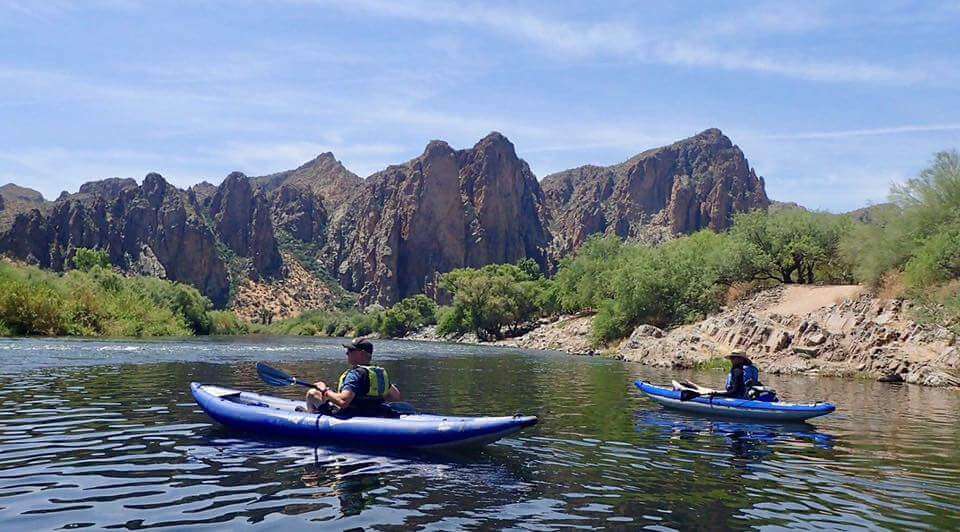 Two inflatable kayaks by Aquaglide on the Salt River.