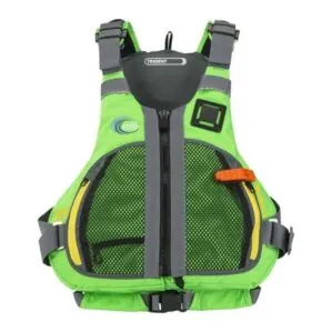Front view of the MTI Trident life jacket in green.